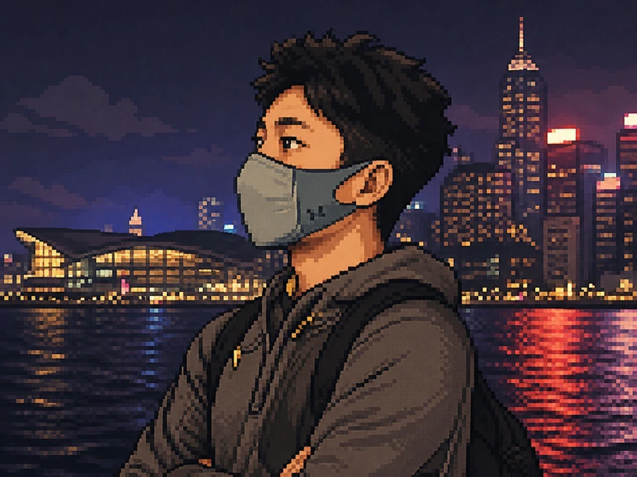 A pixel-art portrait of Cunxin Huang by the waterfront at night
